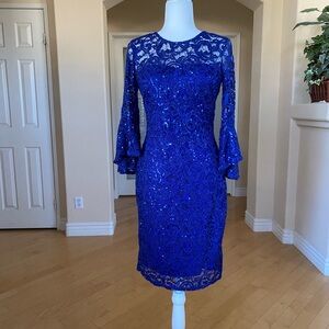 Elegant Sequined Royal Blue Stretch Lace Dress